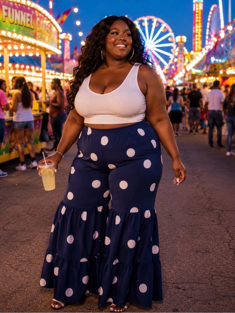 SHEIN Navy & White Polka Dot ruffled Tiered pants